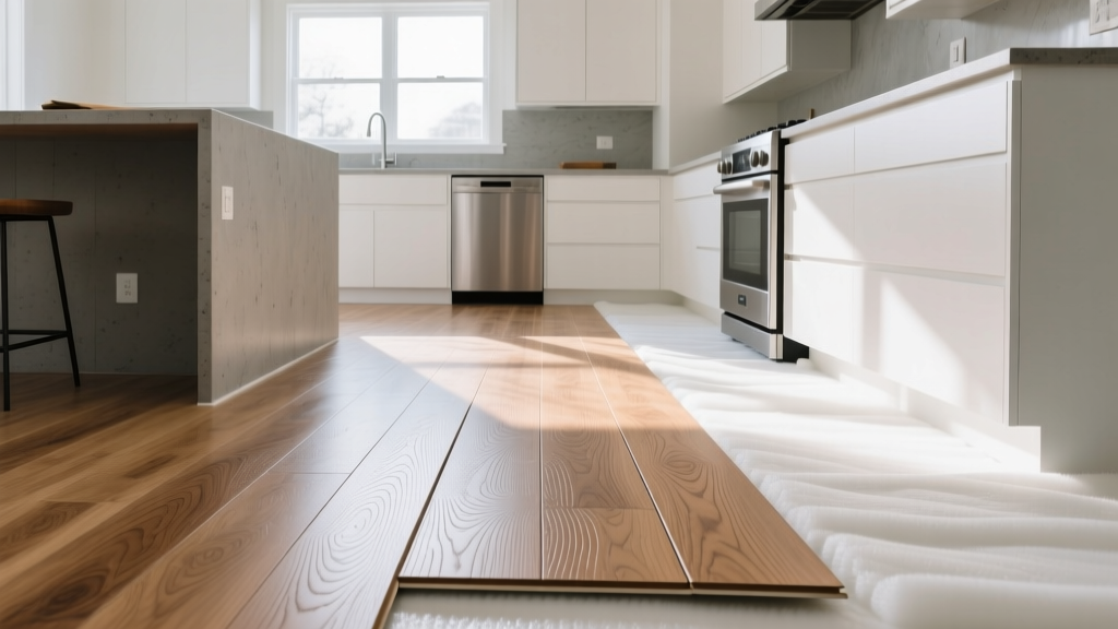 12mm waterproof laminate flooring with embossed oak texture being installed over foam underlayment in a bright modern kitchen.