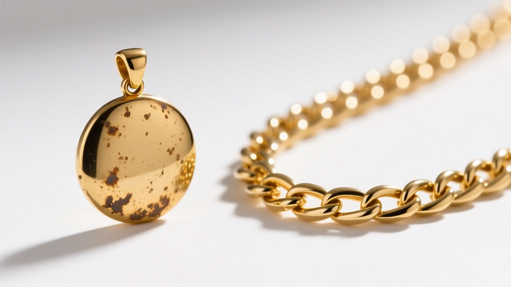 Side-by-side view of a tarnished gold vermeil pendant next to a pristine 14k gold filled chain under bright studio lighting.