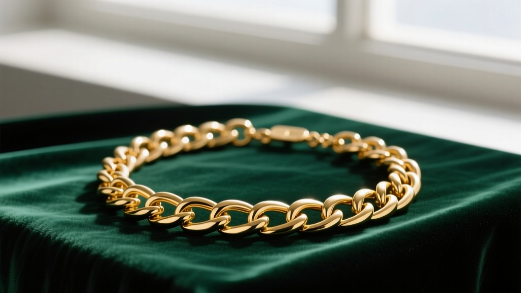 Flat lay of a vintage Sarah Coventry gold tone chunky chain necklace on dark emerald velvet cloth with soft directional lighting