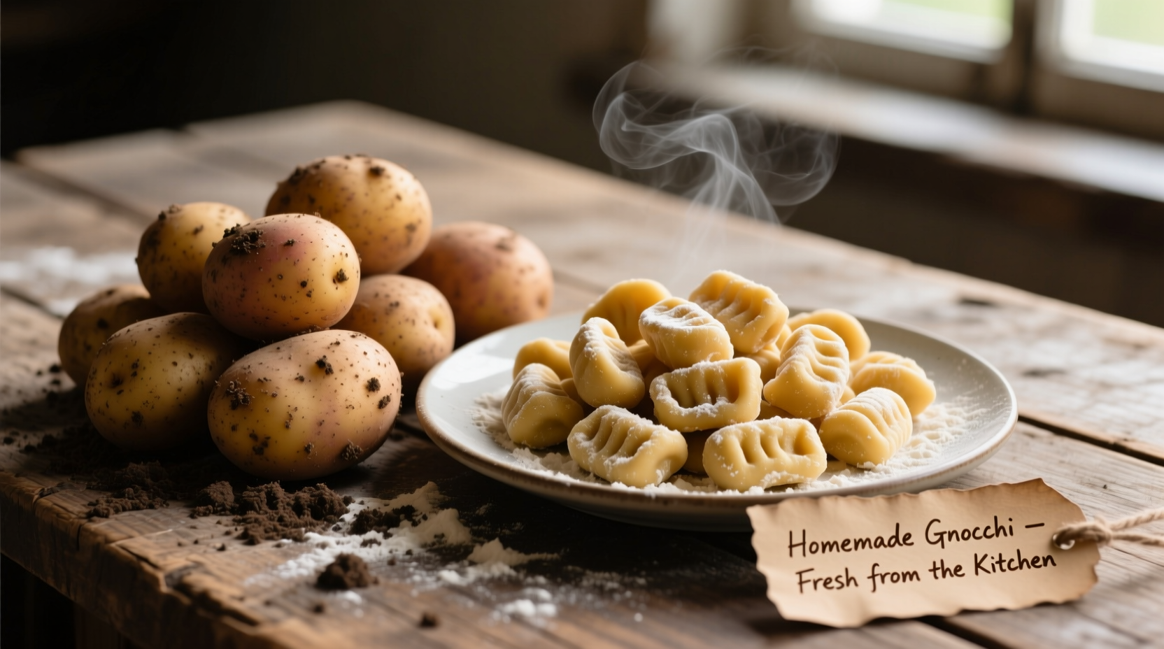 Russet potatoes next to finished gnocchi