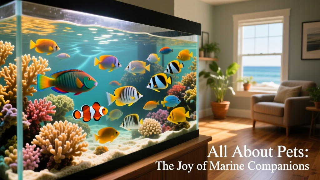 A vibrant, well-maintained aquarium with colorful marine fish swimming near coral