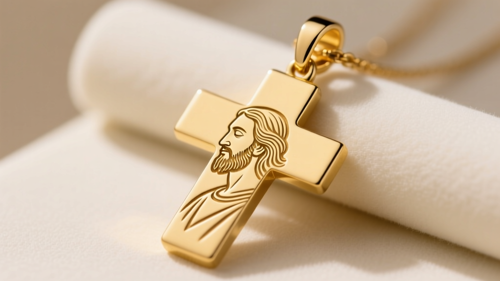 Close-up of a hinged 14k yellow gold cross pendant opened to reveal a deeply laser-engraved Lord's Prayer on dark velvet.
