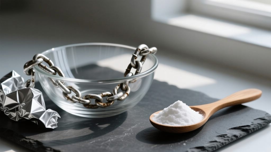 Tarnished sterling silver chain in a glass bowl with aluminum foil, beside a wooden spoon holding white baking soda on dark slate.