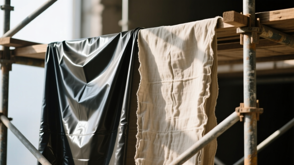Close-up comparison of heavy-duty PVC coated polyester canvas and traditional waxed cotton canvas draped over wooden construction scaffolding