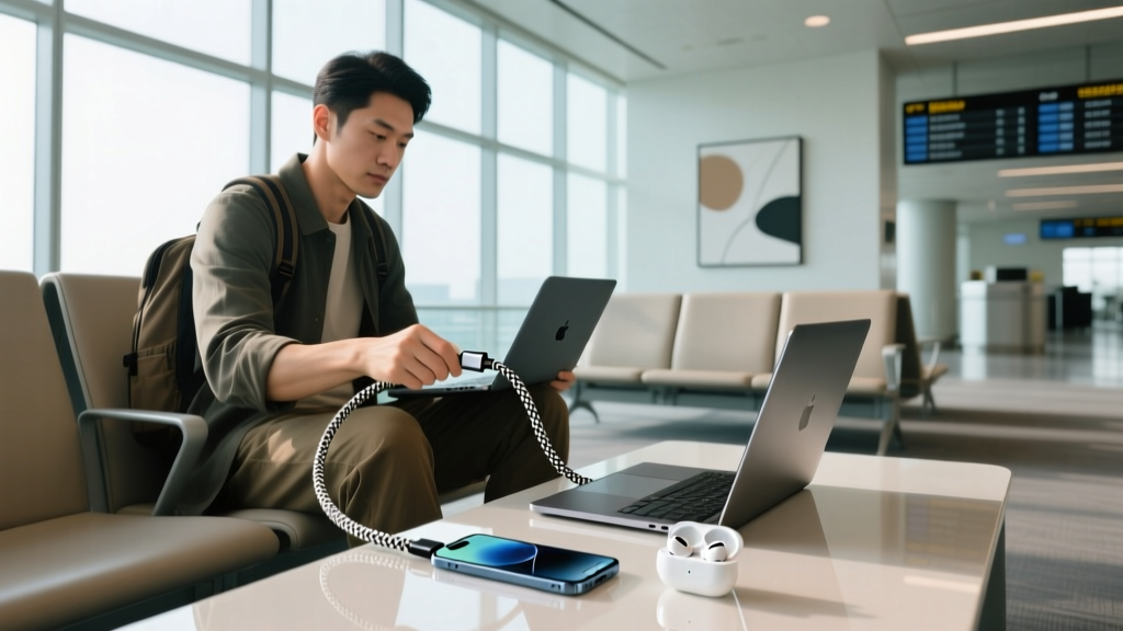 Traveler in an airport lounge plugging a single 140W braided USB-C cable into a laptop, smartphone, and wireless earbuds simultaneously