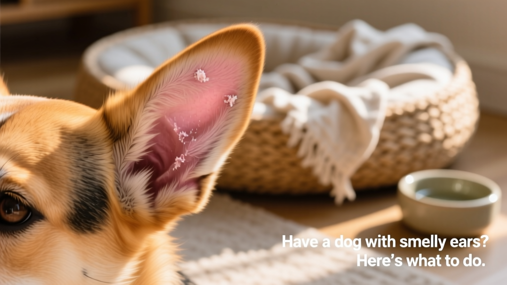 Close-up of a dog's ear showing healthy pink skin and minimal wax