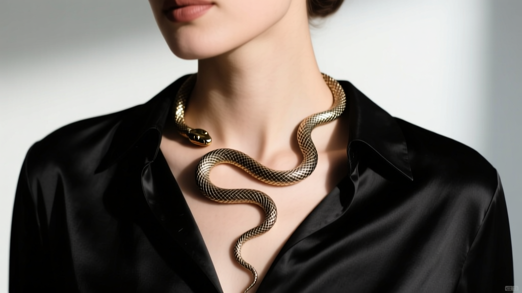 Woman wearing a vintage Whiting and Davis snake necklace over black silk, showing the flexible metal mesh draping elegantly.