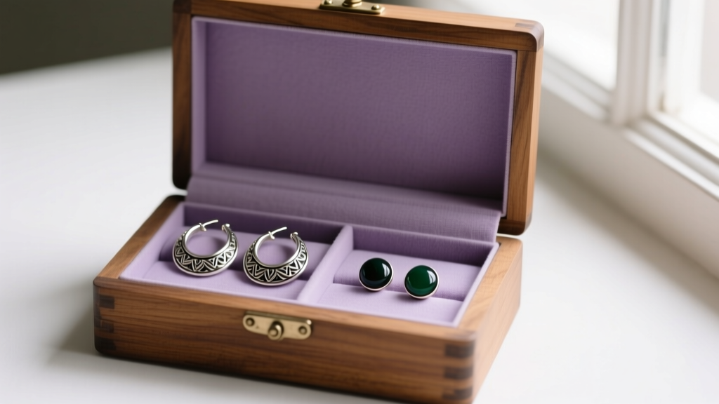 Open wooden jewelry box lined with anti-tarnish cloth displaying polished Mexican silver hoop earrings and dark jade stud earrings