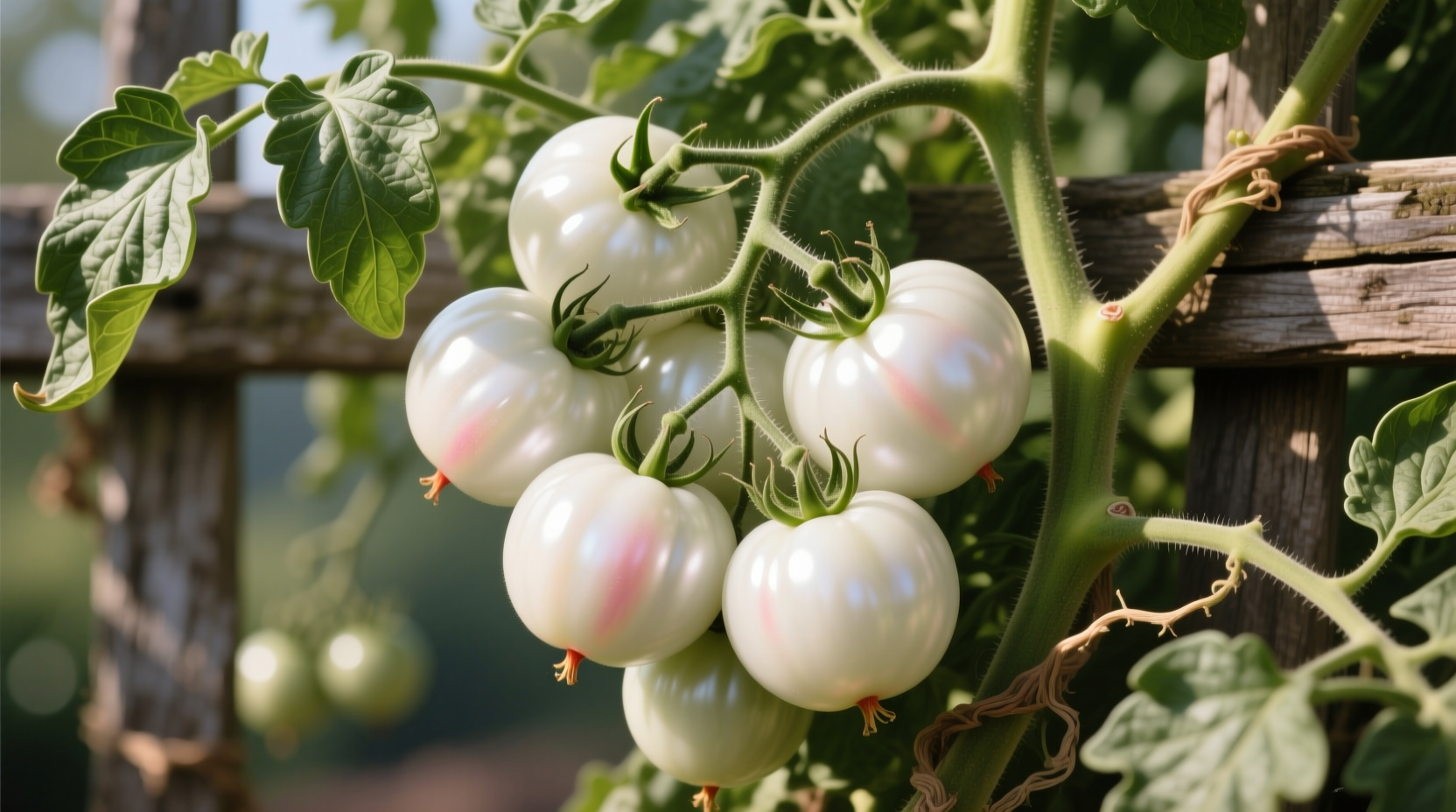 Ripe white tomato draper fruits on vine with green leaves