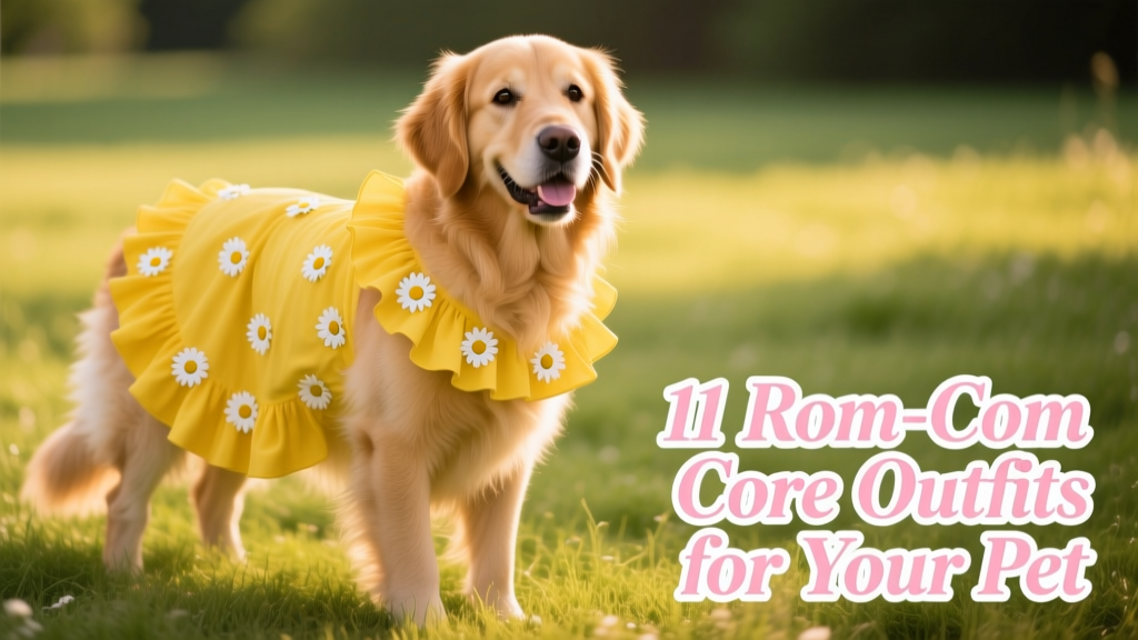 A golden retriever wearing a bright yellow ruffled dress with daisies, standing on a sunlit grassy patch