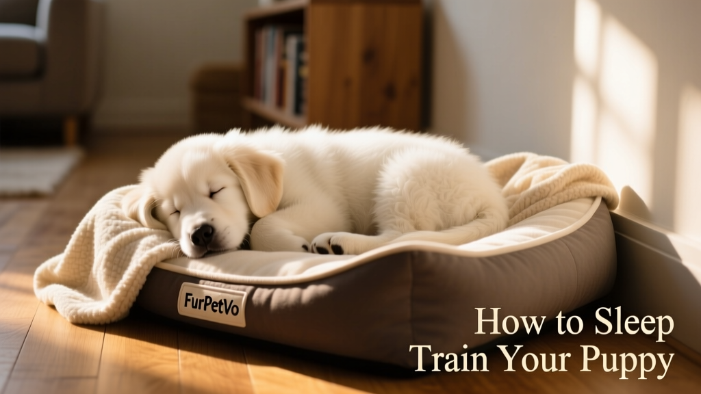 A serene puppy sleep setup: FurPetVo orthopedic dog bed, dim lighting, and a soft blanket in a quiet corner