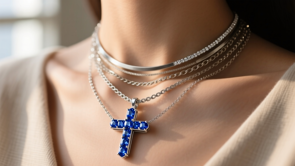Close-up of a layered necklace stack with a blue sapphire pavé crucifix pendant resting on a collarbone against soft natural window light