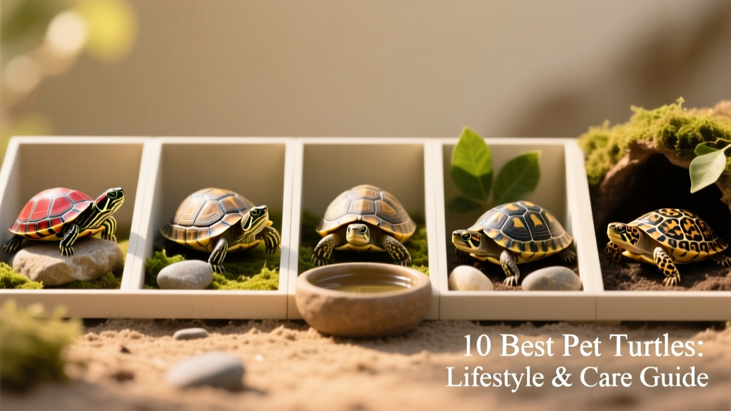 Side-by-side comparison of several small to medium-sized pet turtles in clean, naturalistic enclosures