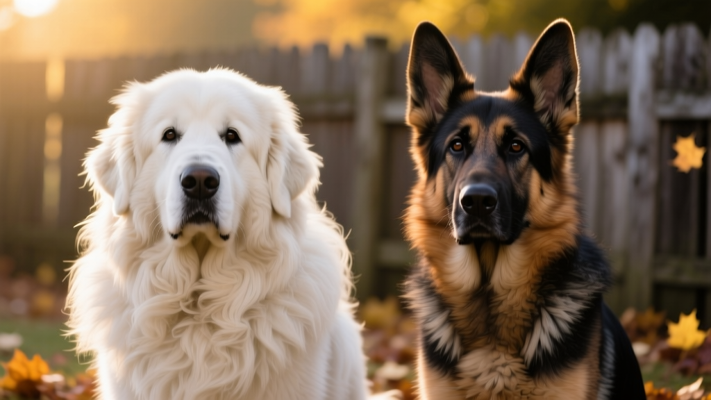 Close-up comparison showing the thick, fluffy white coat of a Great Pyrenees and the sleeker, darker double coat of a German Shepherd