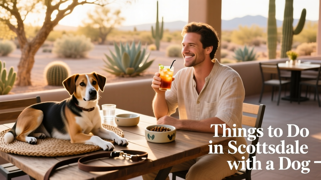 A relaxed outdoor dining scene with a dog resting beside their owner at a Scottsdale restaurant patio.