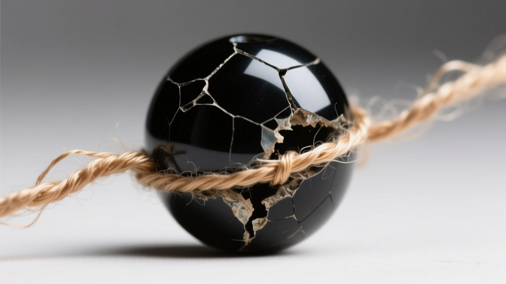 Macro view of frayed antique silk thread inside a cracked black onyx bead showing the need for professional jewelry restringing