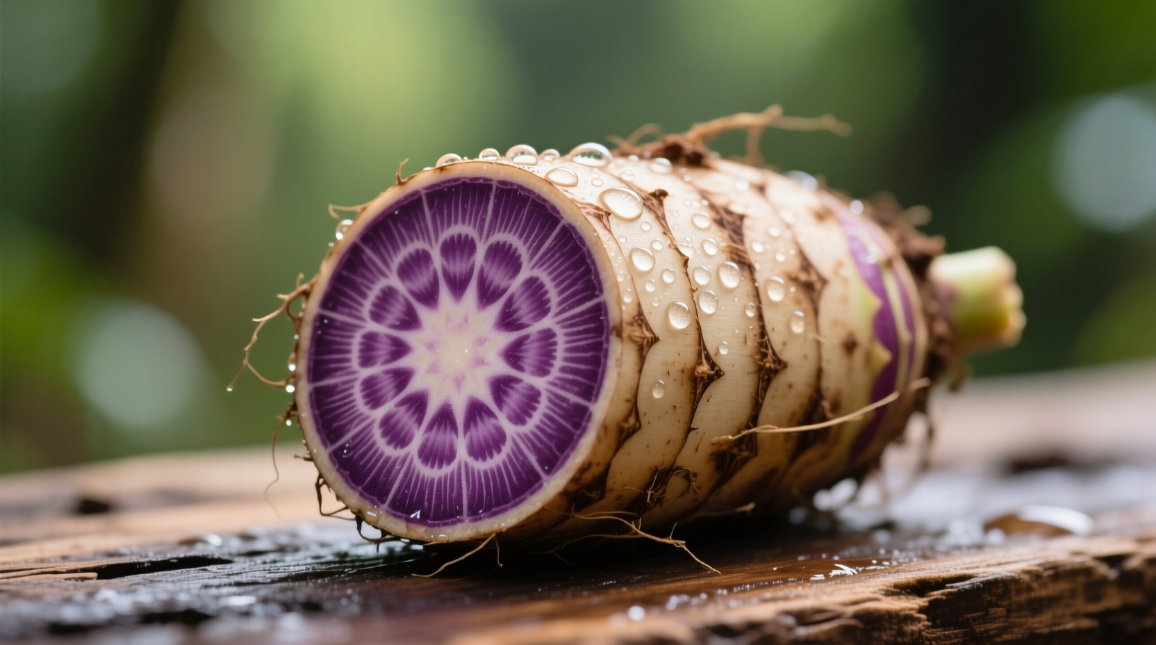Fresh taro root with peeled section showing purple flesh