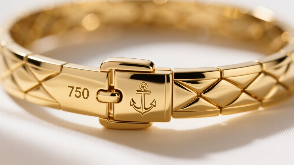 Macro photography of a gold bracelet clasp showing a stamped 750 purity mark and a tiny anchor assay symbol in sharp focus.