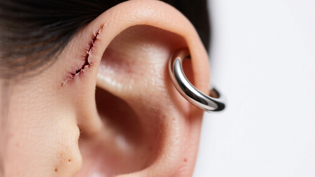 Macro close-up of a healed ear cartilage piercing wearing a polished titanium curved helix earring hoop in soft studio lighting.