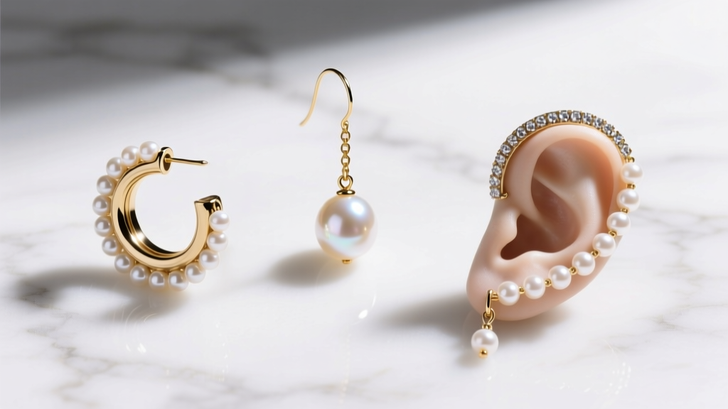 Flat lay of three pearl chain earring styles including a helix-to-lobe cuff, Akoya drop, and ear climber arranged on white marble