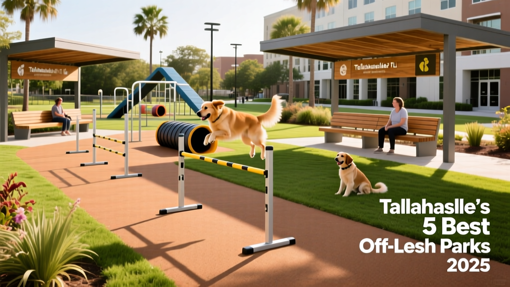 A modern, well-landscaped dog park with agility equipment, rubberized play surfaces, and covered seating for owners