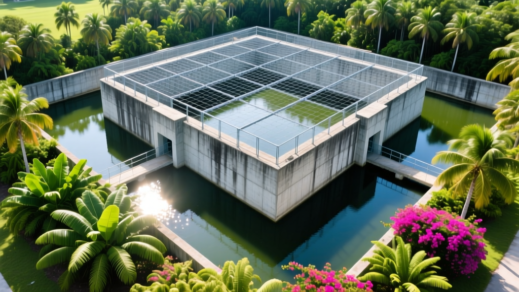 Aerial view of a fortified concrete alligator enclosure with deep moats, heavy steel mesh roofing, and tropical landscaping in Florida.