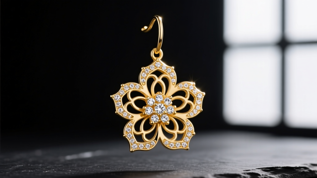 Macro shot of an 18k gold statement drop earring with hollow-formed floral design and micro-pavé diamonds on dark slate.