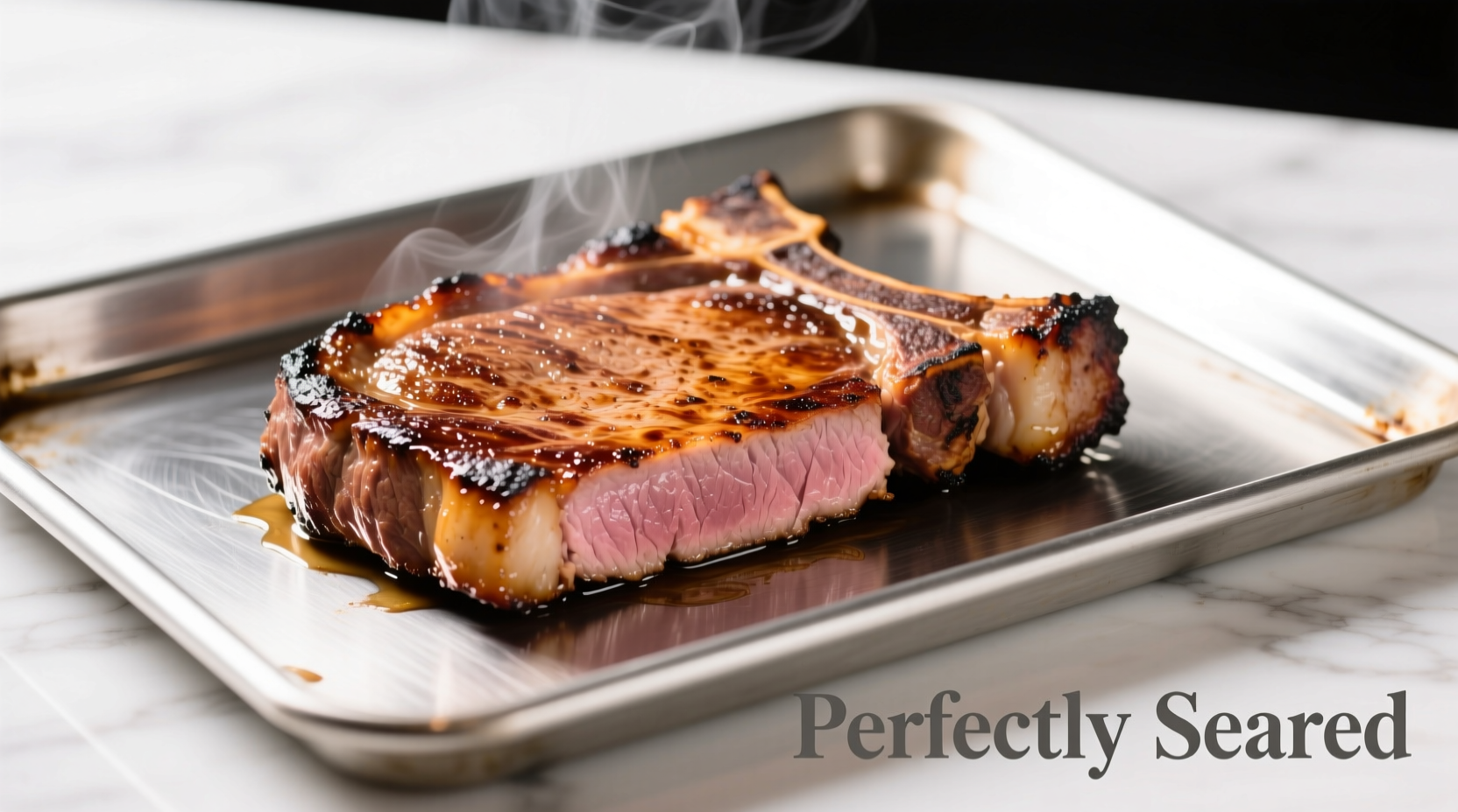 Perfectly seared pork steaks on baking sheet