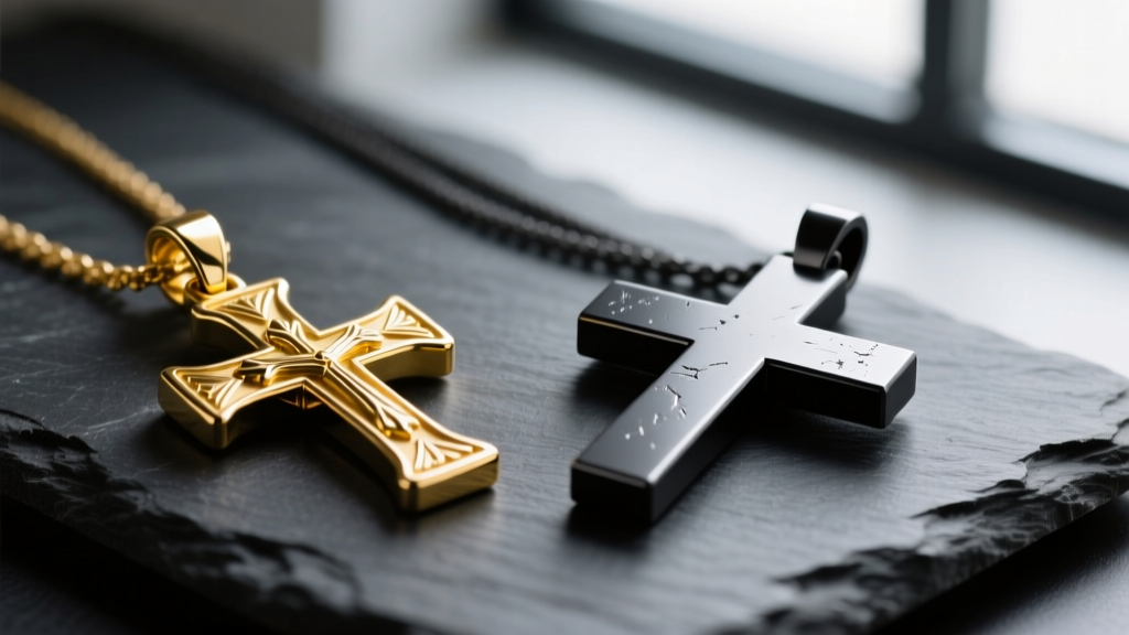 Macro shot comparing a highly polished 14k yellow gold military cross pendant with a matte black titanium cross on dark slate.