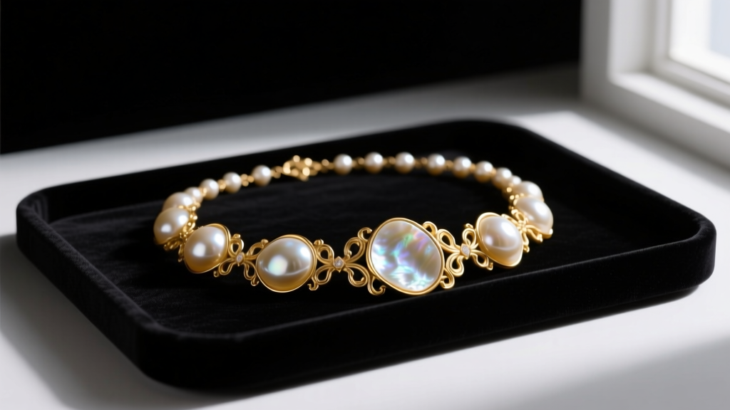 Flat lay of a delicate gold-plated baroque pearl necklace on a dark velvet tray, soft natural lighting highlighting the nacre.