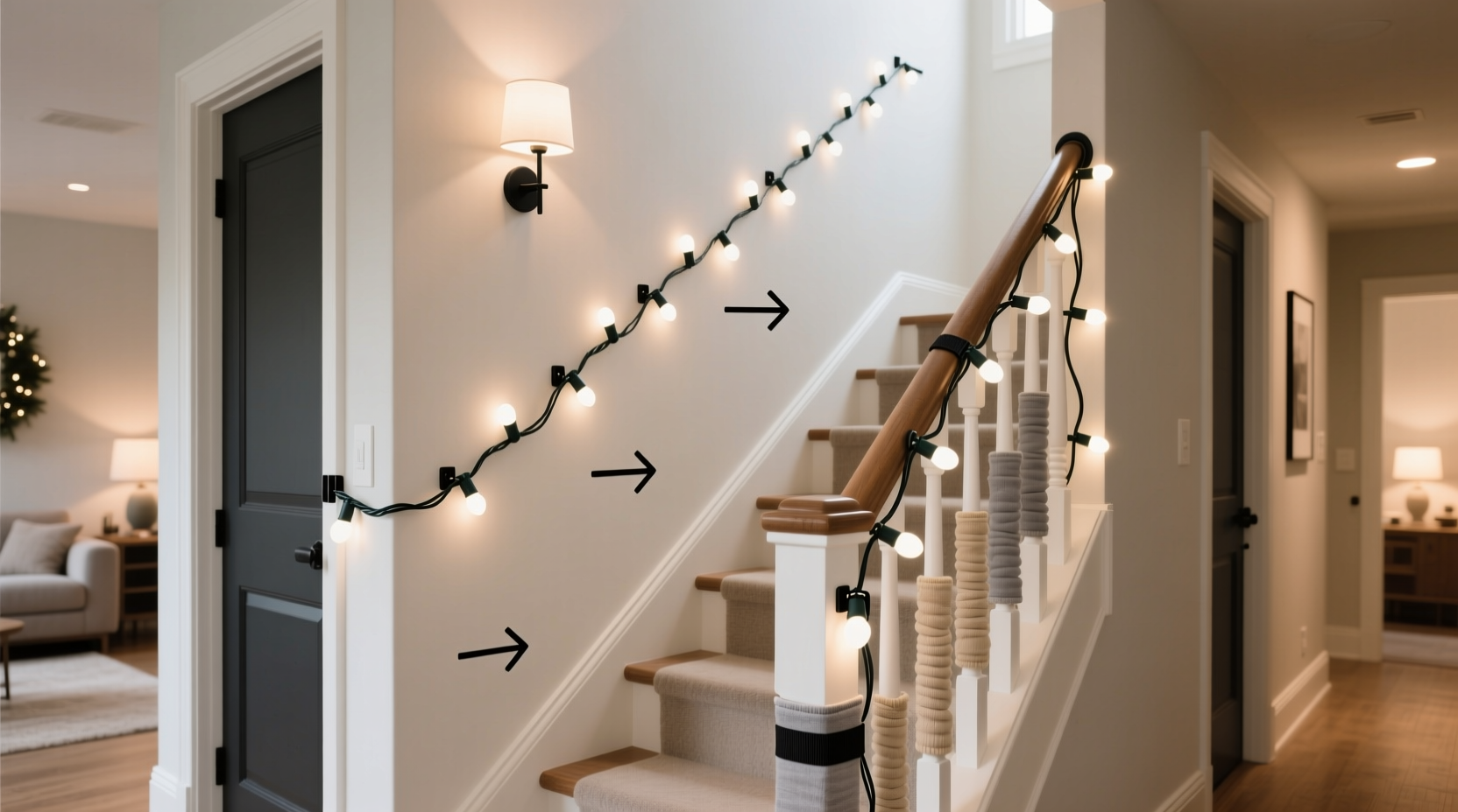 how to hide cords from christmas lights on walls and stairs with minimal damage