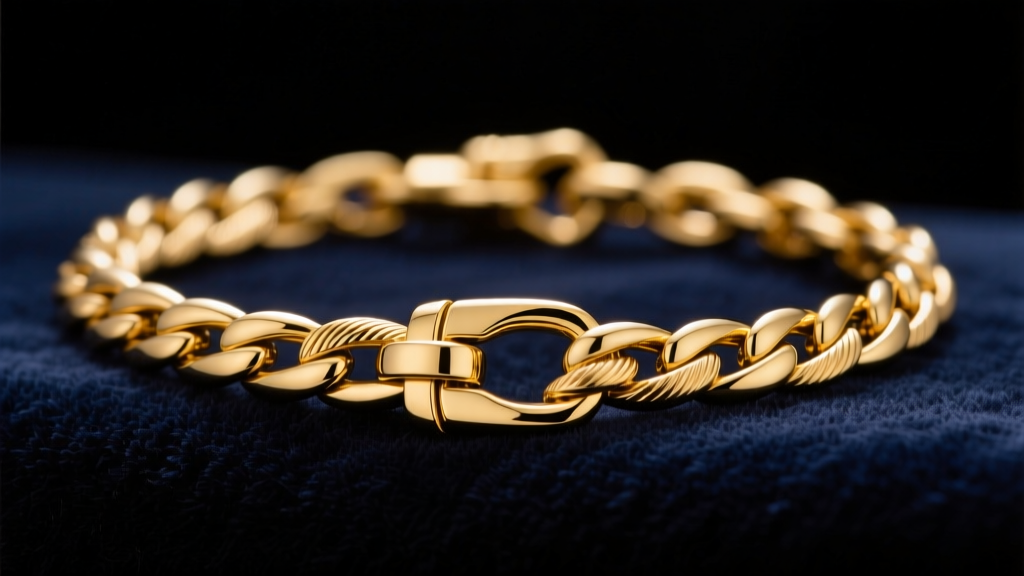 Close-up of an 18k yellow gold Italian Figaro chain on dark velvet, highlighting alternating links and a polished lobster clasp.