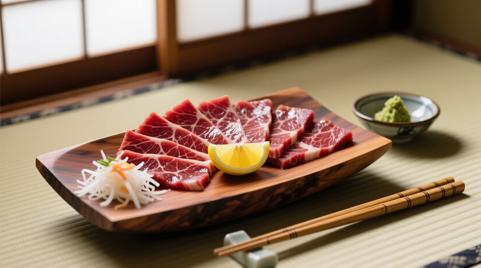 Raw horse meat displayed in traditional Japanese basashi presentation