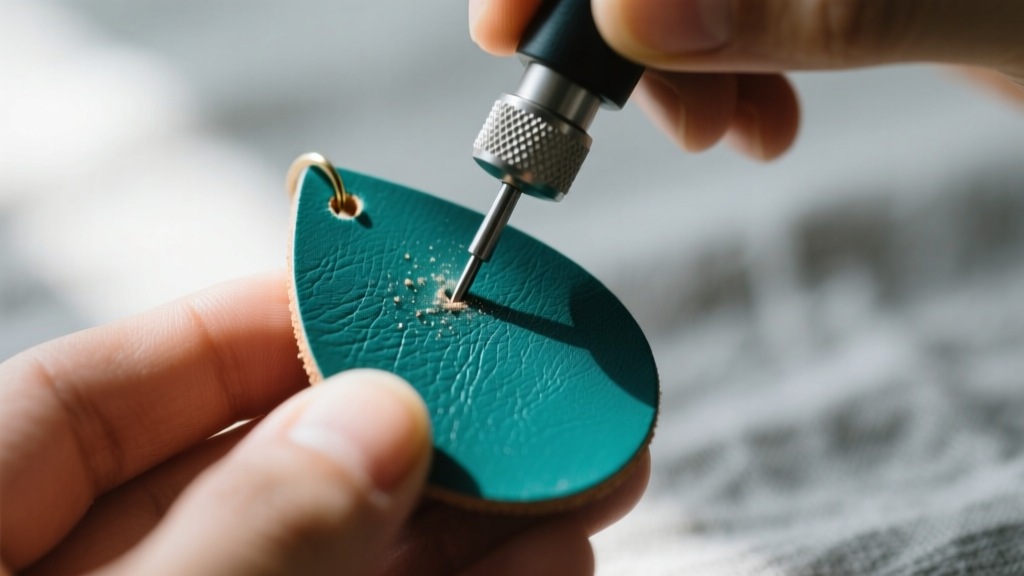 Hands using a 2mm rotary leather punch to pierce a small hole near the top edge of a teal teardrop-shaped leather earring blank.