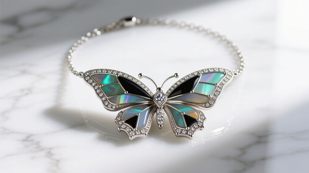 Art Deco vintage butterfly necklace with geometric onyx inlay, marcasite accents, and a platinum chain resting on white marble