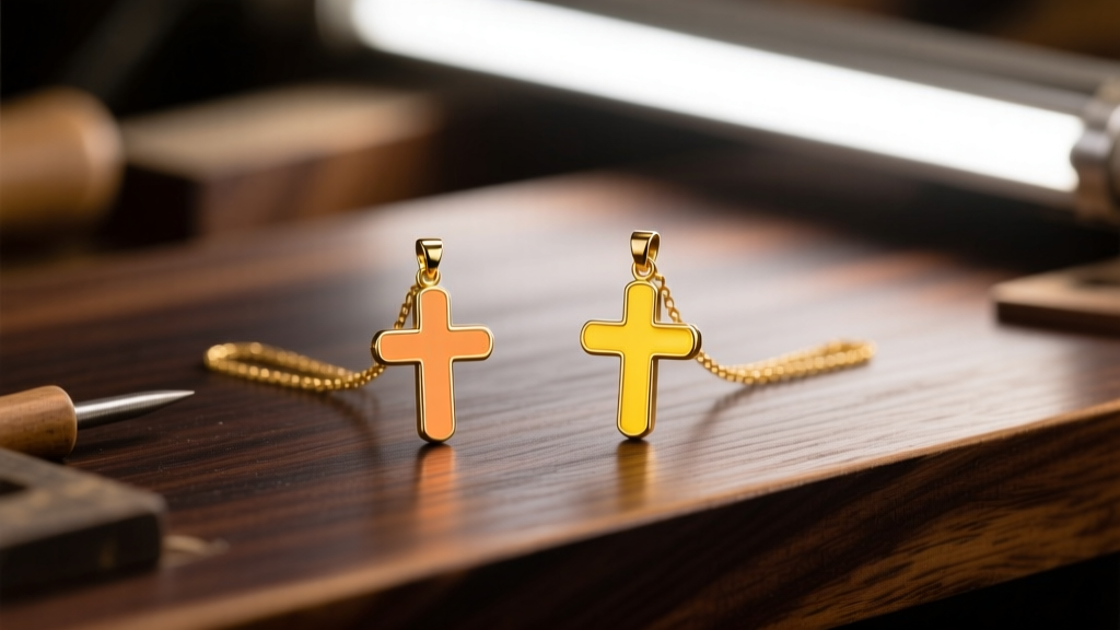14k and 18k gold tiny cross pendants on a workbench, showing subtle color warmth differences under bright halogen bench lighting.