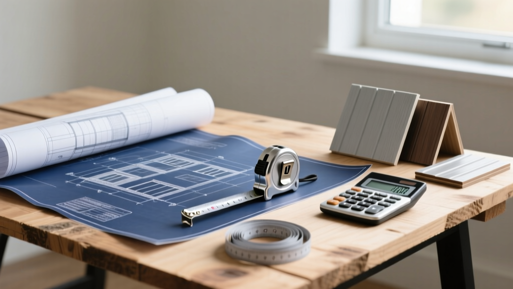 Blueprints on a plywood table beside a tape measure, calculator, and siding samples for a budget commercial building