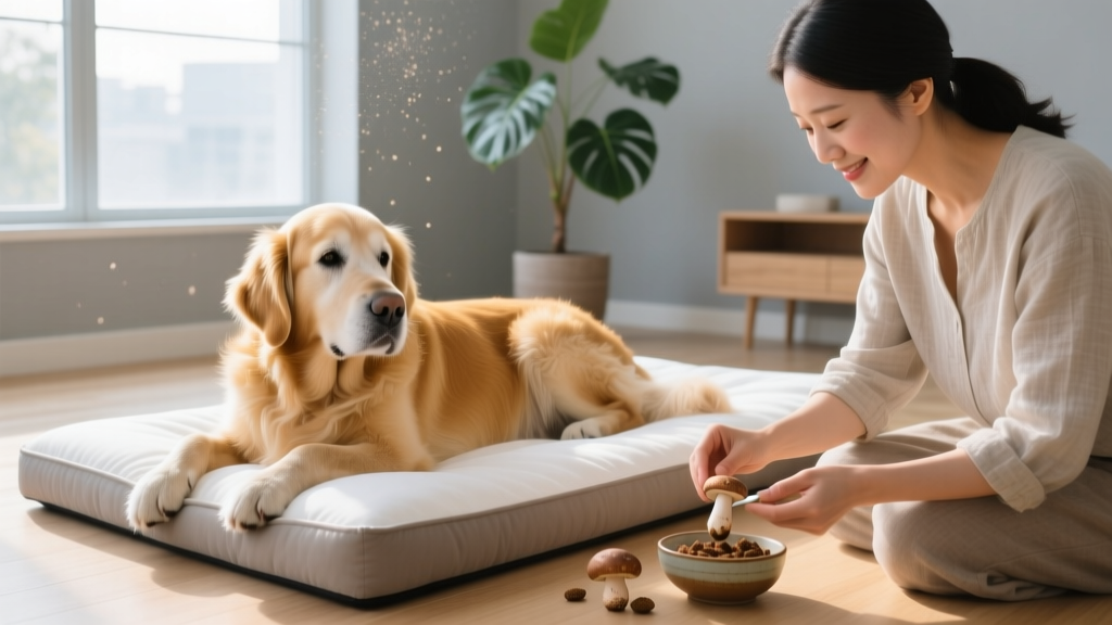 A senior golden retriever resting comfortably on an orthopedic bed while a caregiver prepares a mushroom supplement
