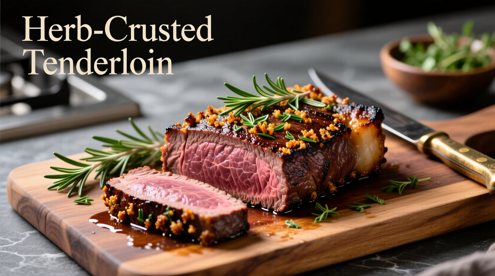 Perfectly seared beef tenderloin with herb crust