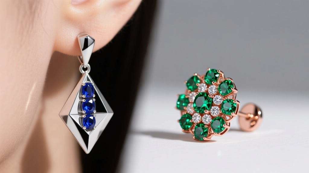 Close-up of asymmetrical silver and gemstone earrings, showing a geometric drop on the left and a cluster stud on the right