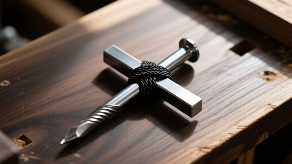 Overhead shot of a 3-inch steel masonry nail cross bound with black waxed polyester cord, resting on a dark oak workbench surface