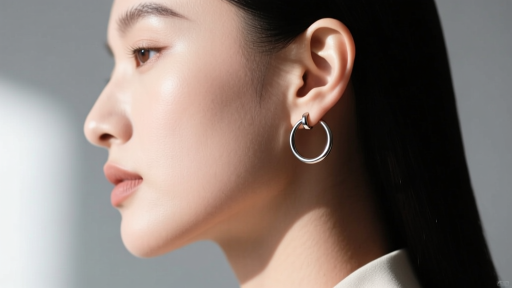 Side profile of a model wearing a minimalist circle hoop stud on the upper lobe, demonstrating a flush fit and elegant drape.