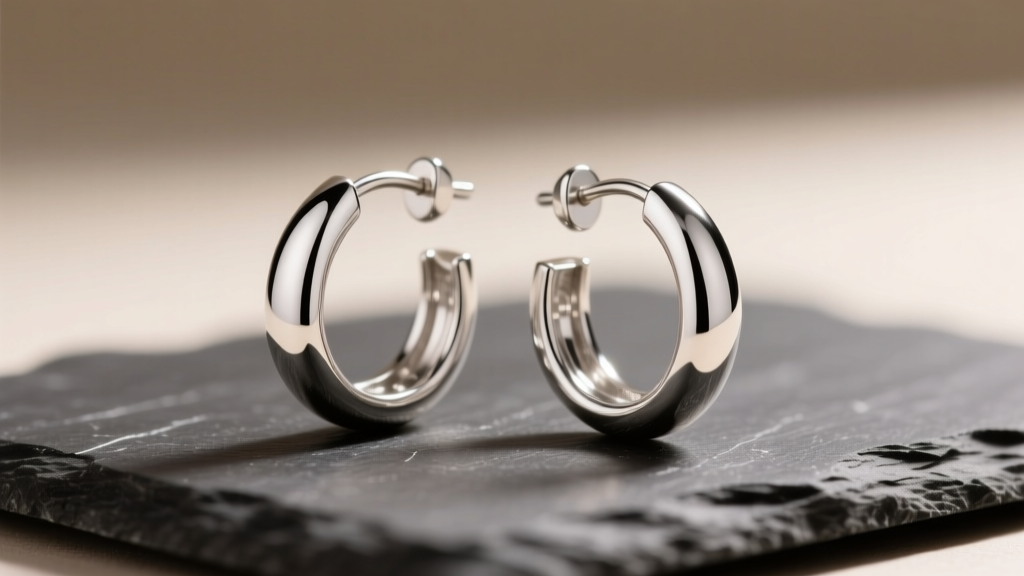Close-up of polished .925 sterling silver hoop earrings resting on a dark slate surface, reflecting soft studio lighting.