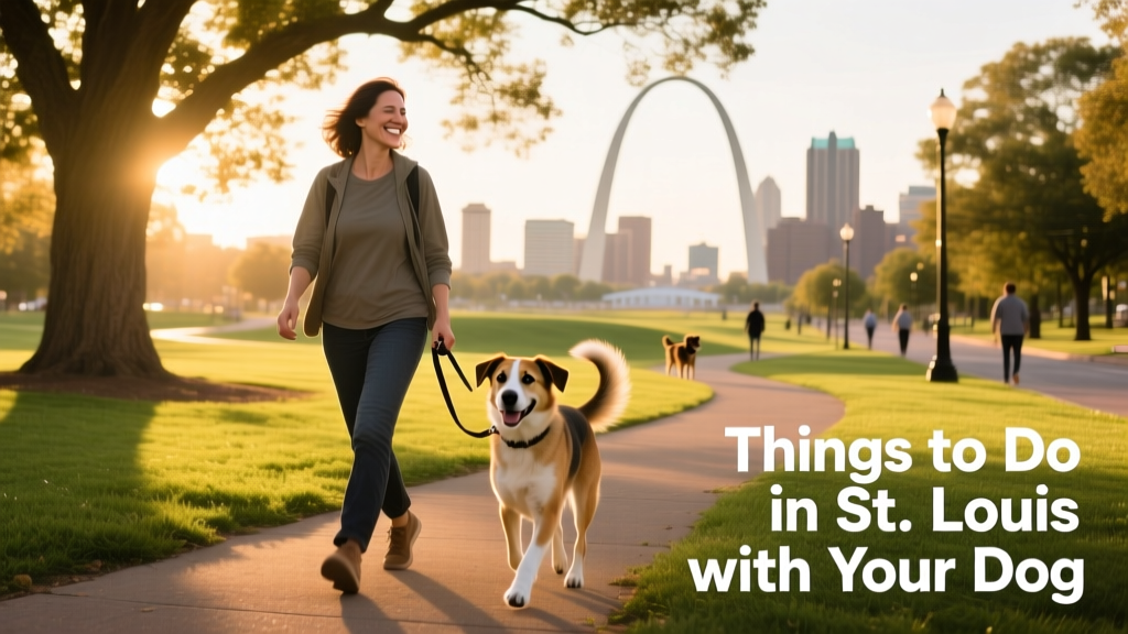 A pet parent walking their dog in a dog-friendly park in St. Louis.