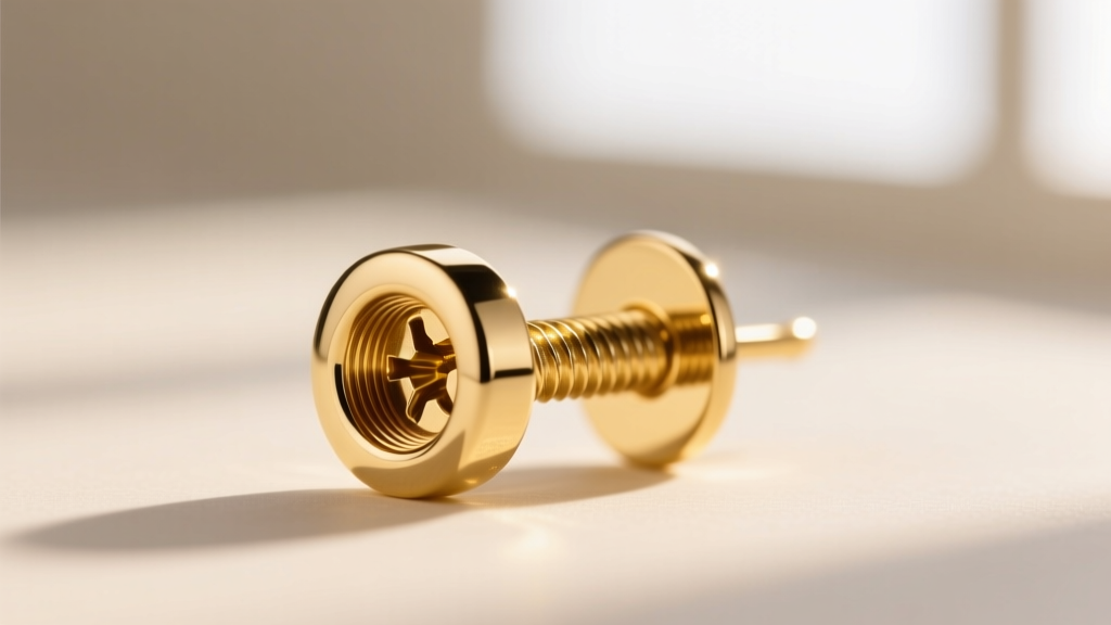 Macro shot of an internally threaded 14k gold earring post, highlighting the precise screw mechanism and polished mirror finish.