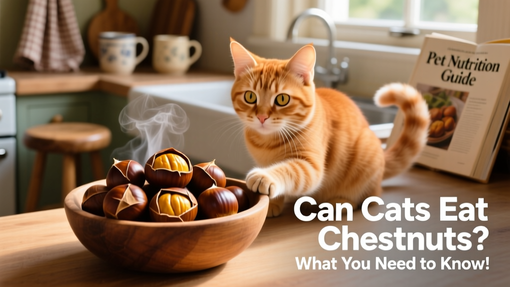 A close-up of roasted chestnuts next to a curious cat sitting on a kitchen counter