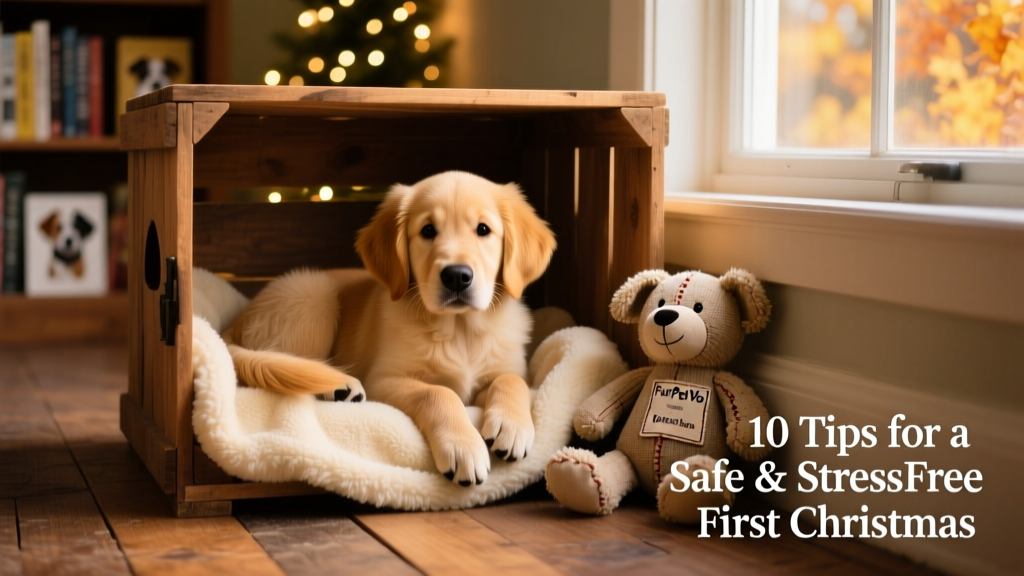 A calm, content puppy resting in a cozy crate with a soft blanket and a FurPetVo plush toy nearby