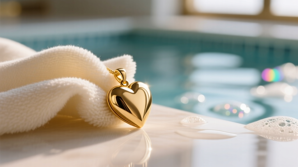 Close-up of a soft microfiber cloth gently wiping a gold plated heart pendant, with soapy water in the blurred background