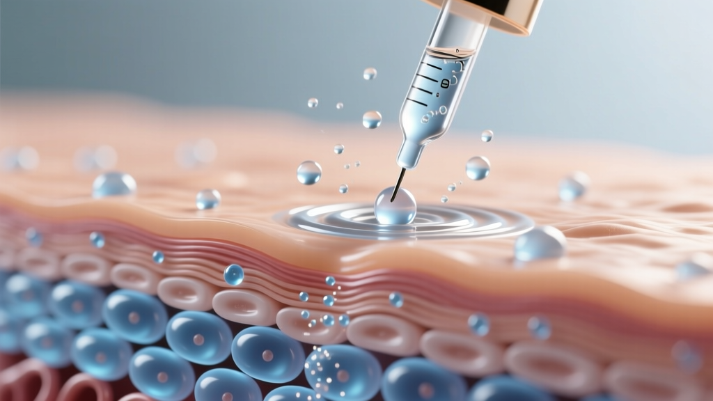 Macro photography of nano-infusion serum delivery into the epidermis, demonstrating transdermal skincare technology and precise depth control