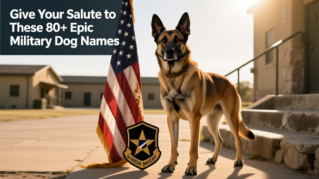 A confident, well-trained working dog standing alert beside a U.S. flag and military insignia